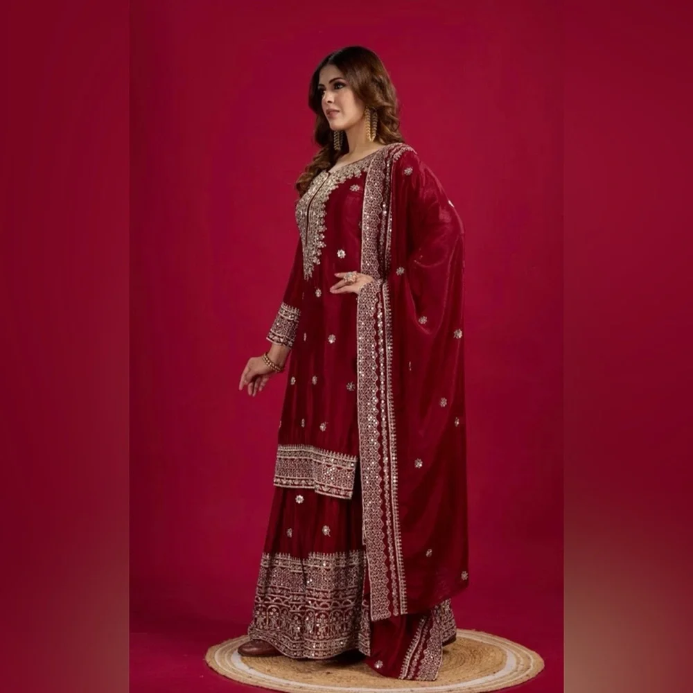 Pakistani/ Indian Maroon Sequin Embroidered Chenderi Top, Sharara Set Dupatta-3 - Picture 4 of 7